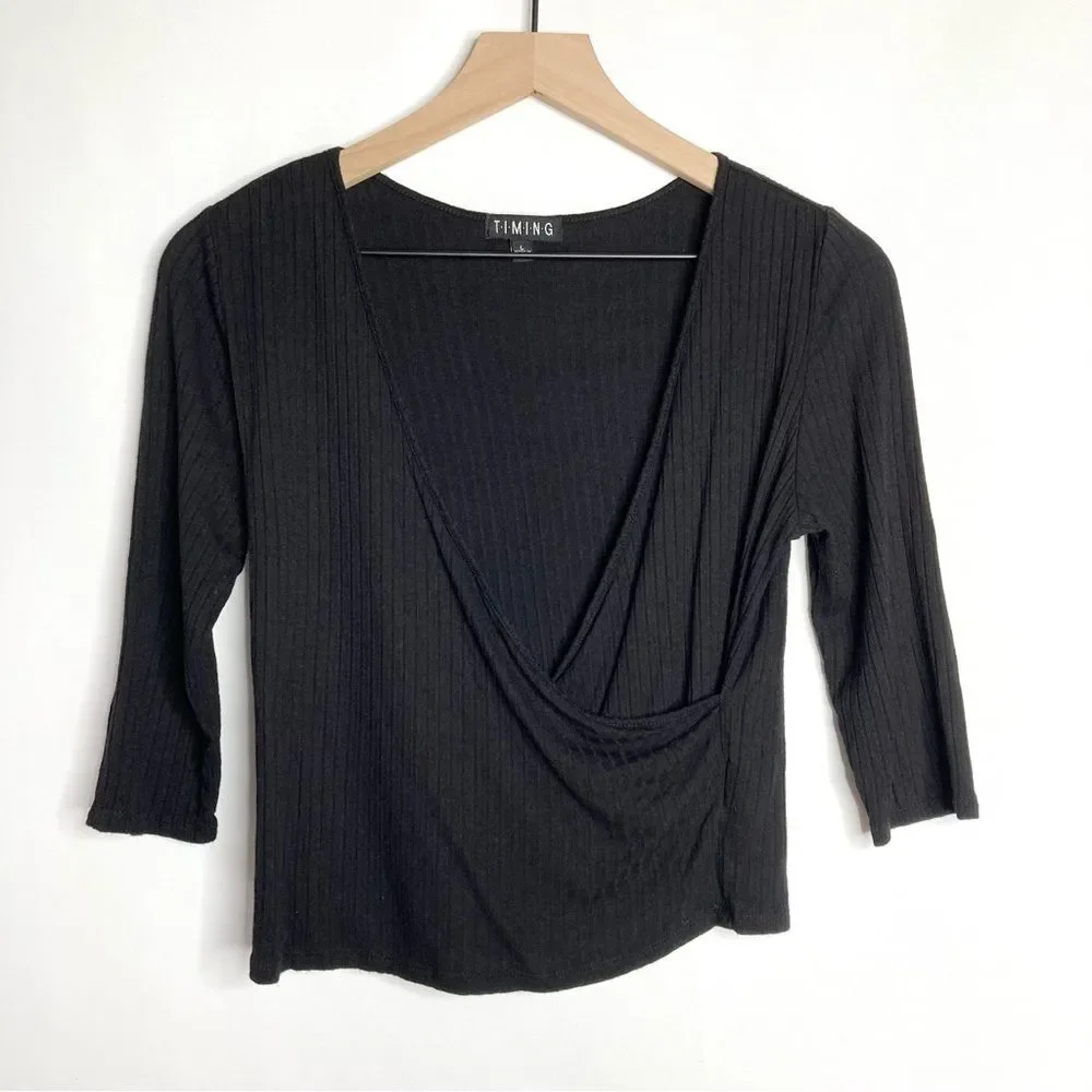 Y2K Timing Black Faux Wrap Crop Top Size Large 3/4 Sleeve